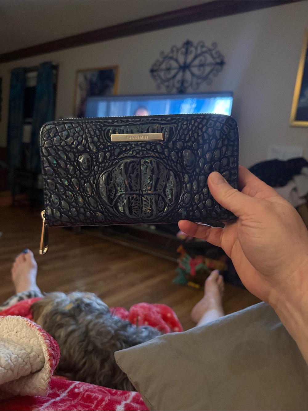 Brahmin Deep Blue Iridescent Croc-Embossed Zip Wallet